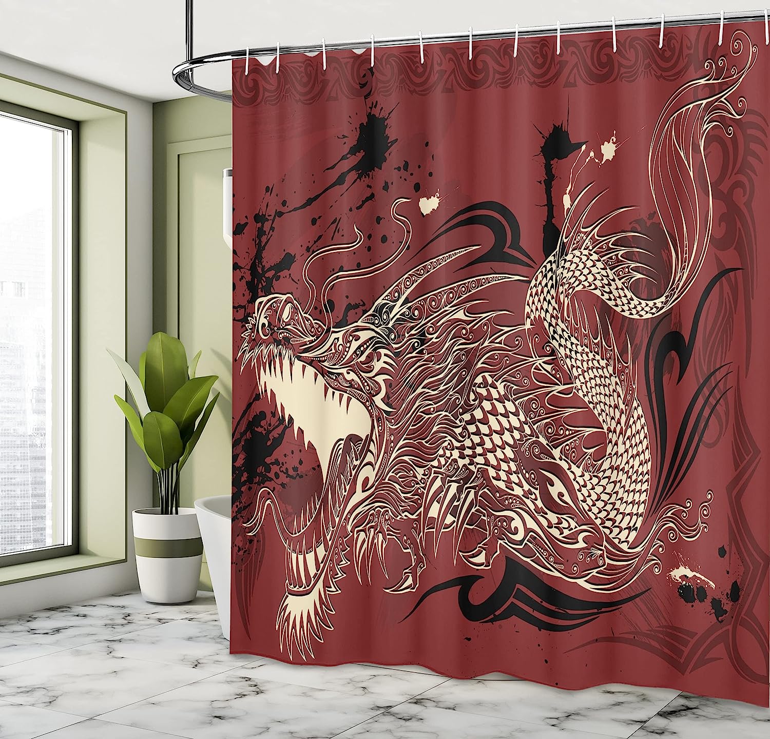 Grunge Angry Dragon Shower Curtain - Cloth Fabric Bathroom Decor In Ivory And Ruby - Image 4