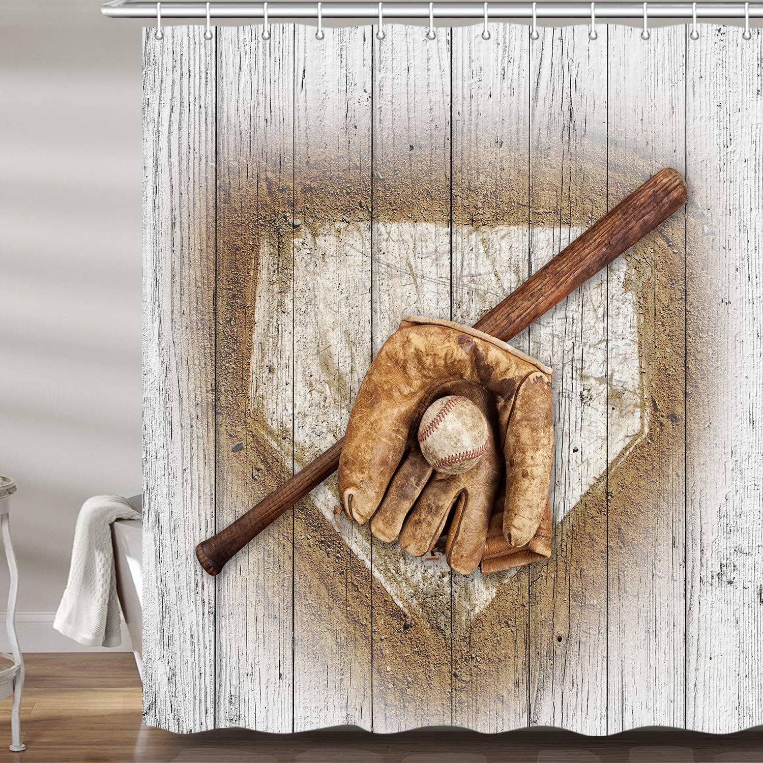 Grunge Baseball Glove Shower Curtain, Sports Theme Bathroom Decor