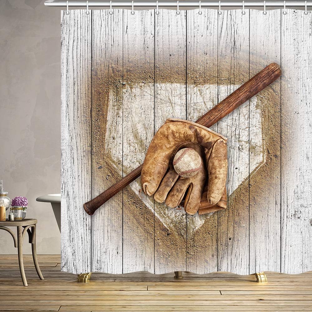 Grunge Baseball Glove Shower Curtain, Sports Theme Bathroom Decor