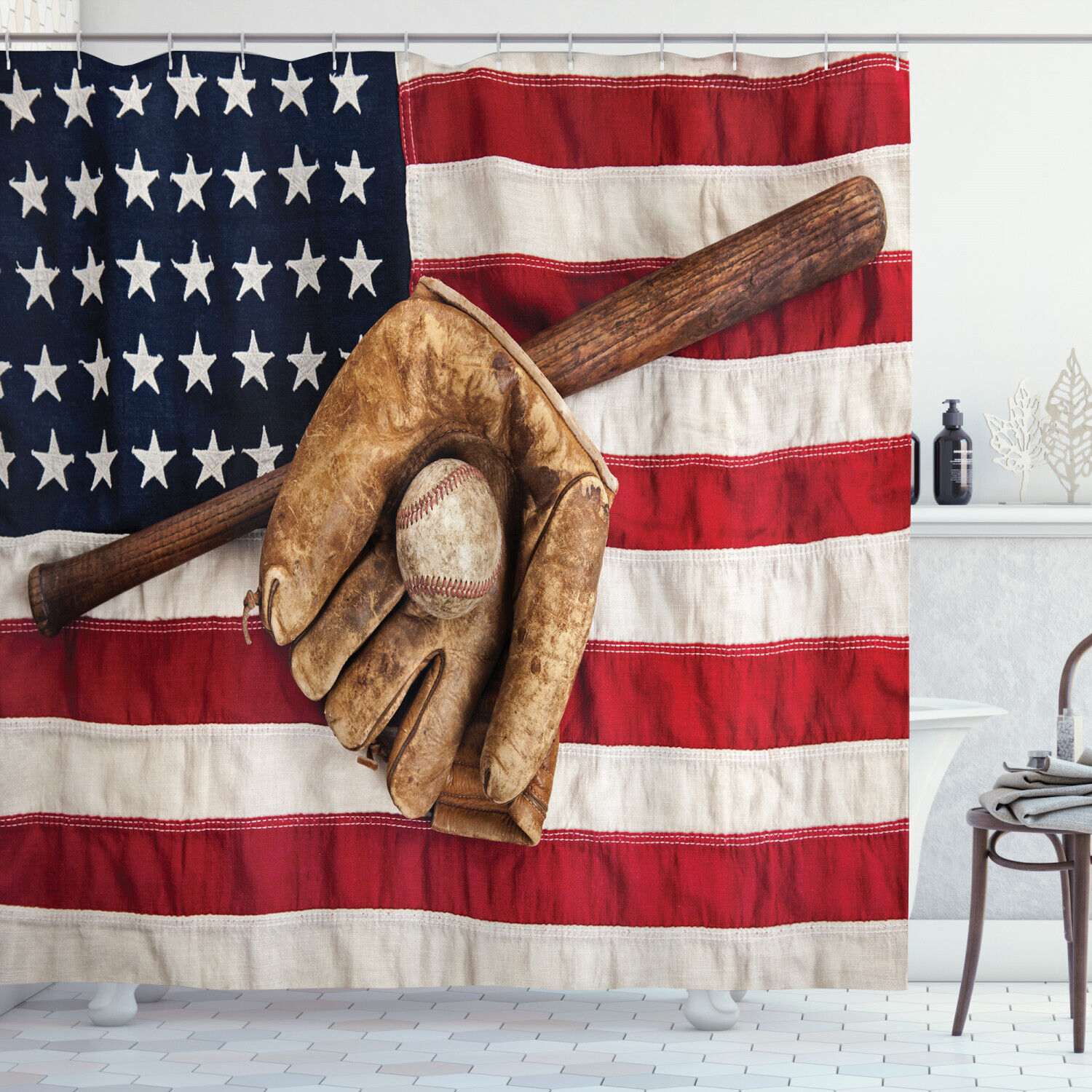 Grunge Baseball Print American Flag Shower Curtain For Your Bathroom