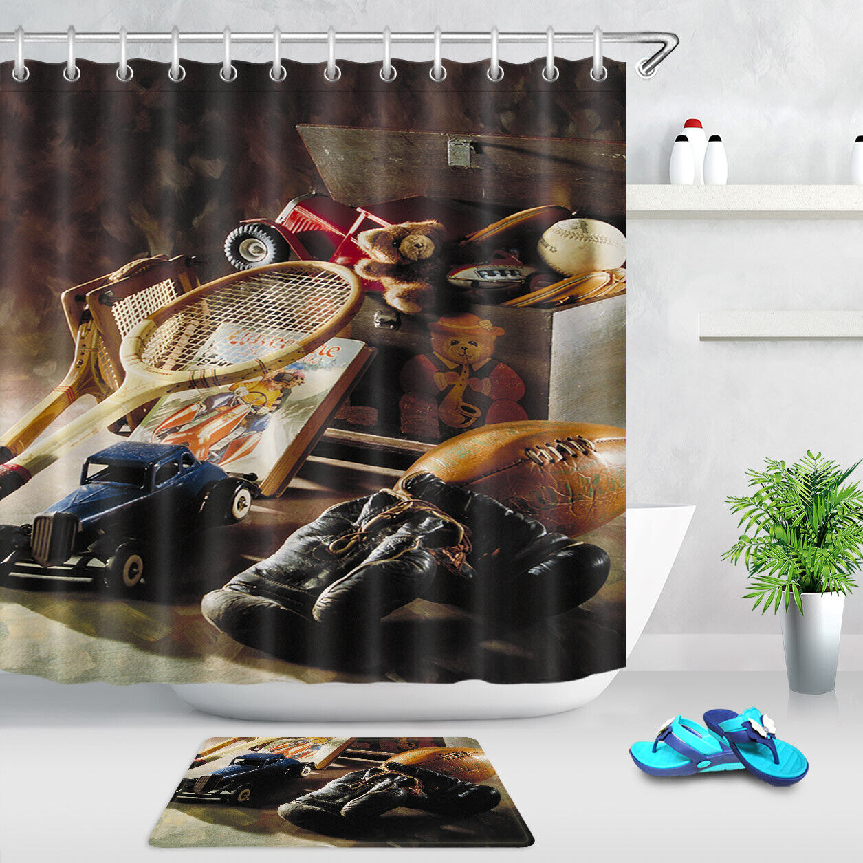 Grunge Batting Print Baseball Shower Curtain for Athletes' Bathroom