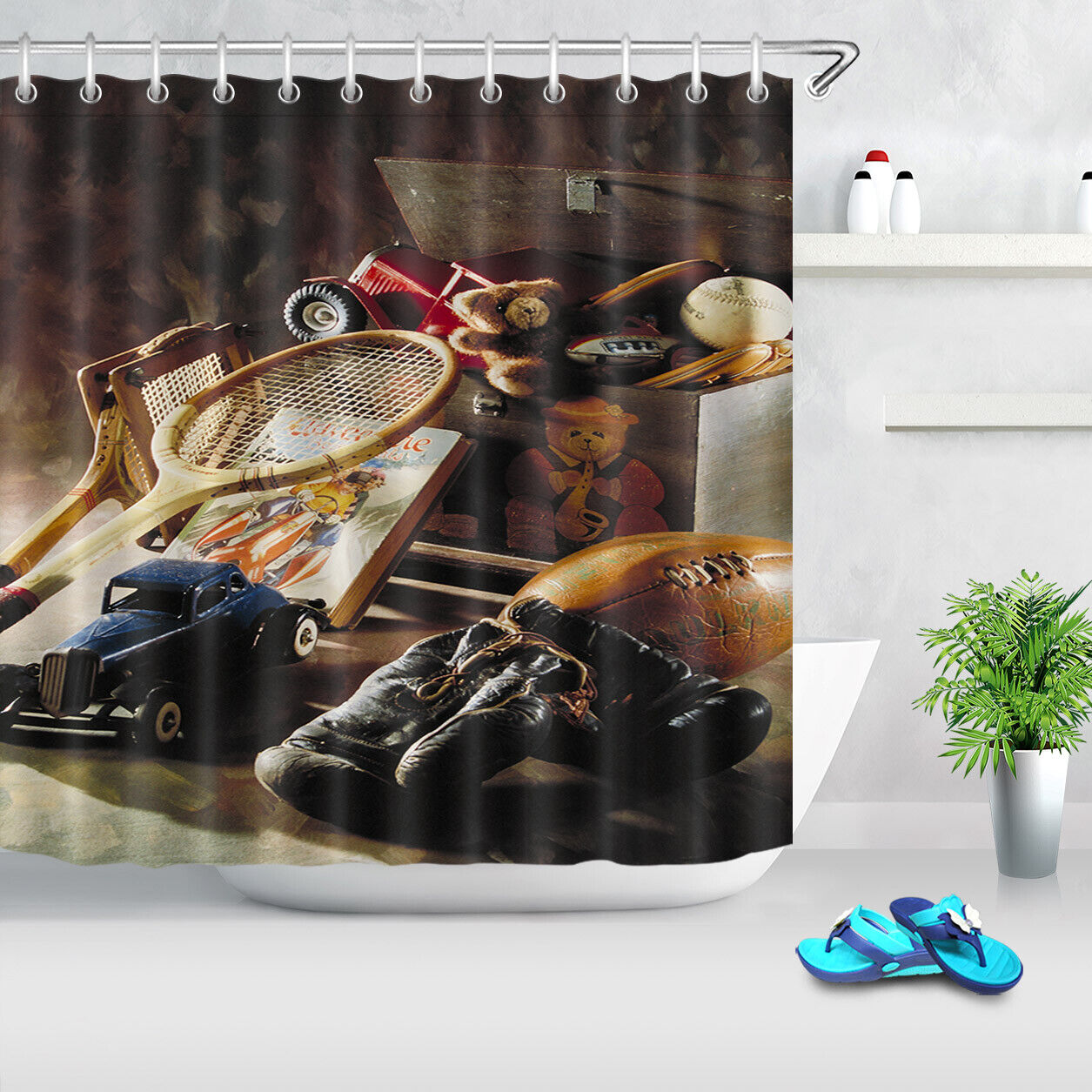 Grunge Batting Print Baseball Shower Curtain for Athletes' Bathroom