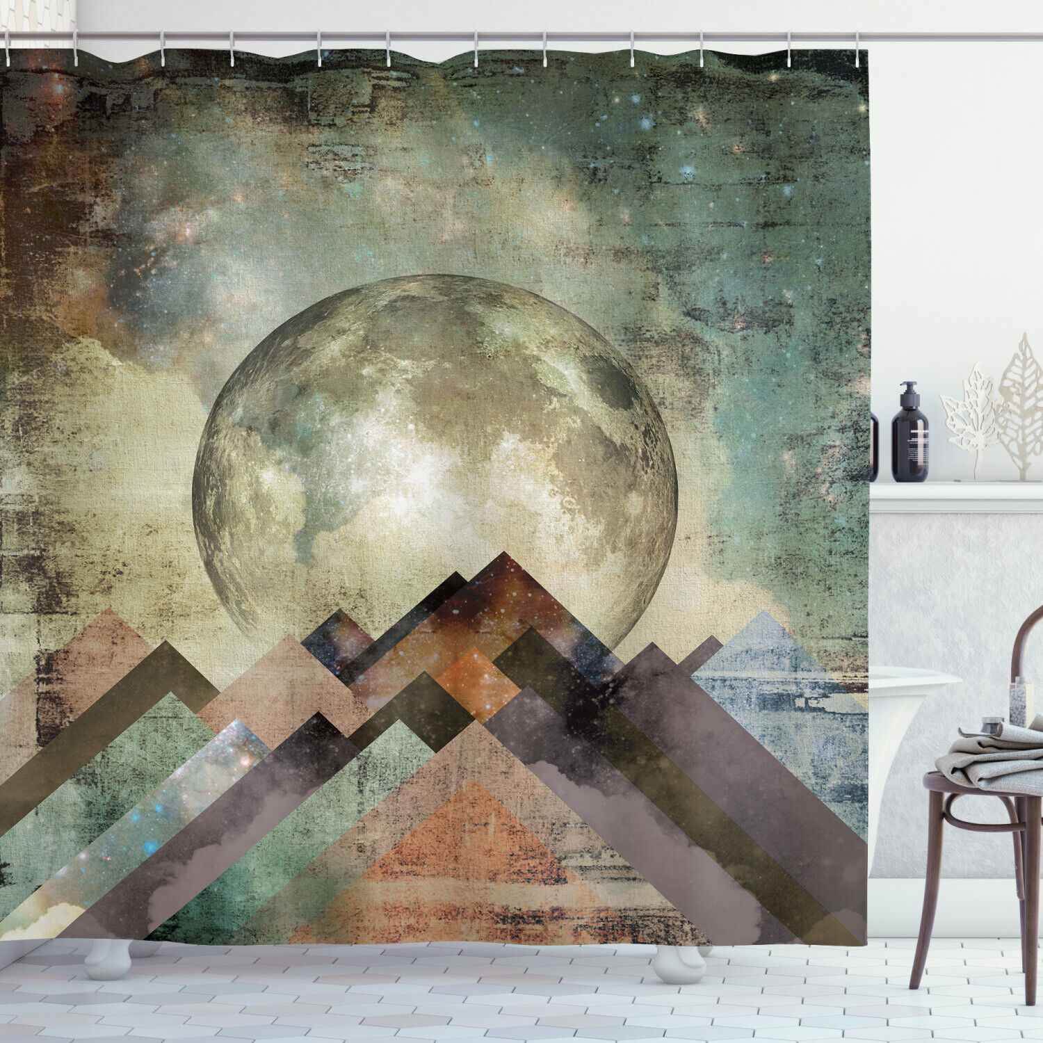 Grunge Effect Stripes Moon Shower Curtain for Edgy Bathroom Decor
