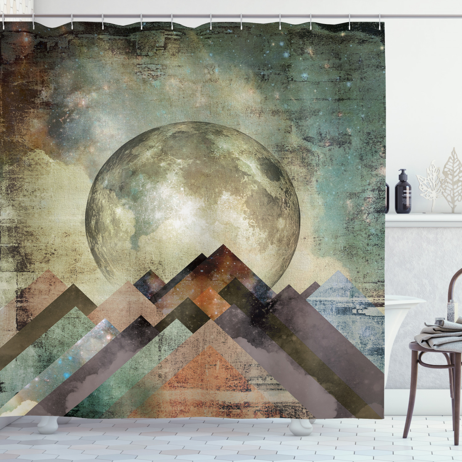 Grunge Effect Stripes Moon Shower Curtain for Edgy Bathroom Decor