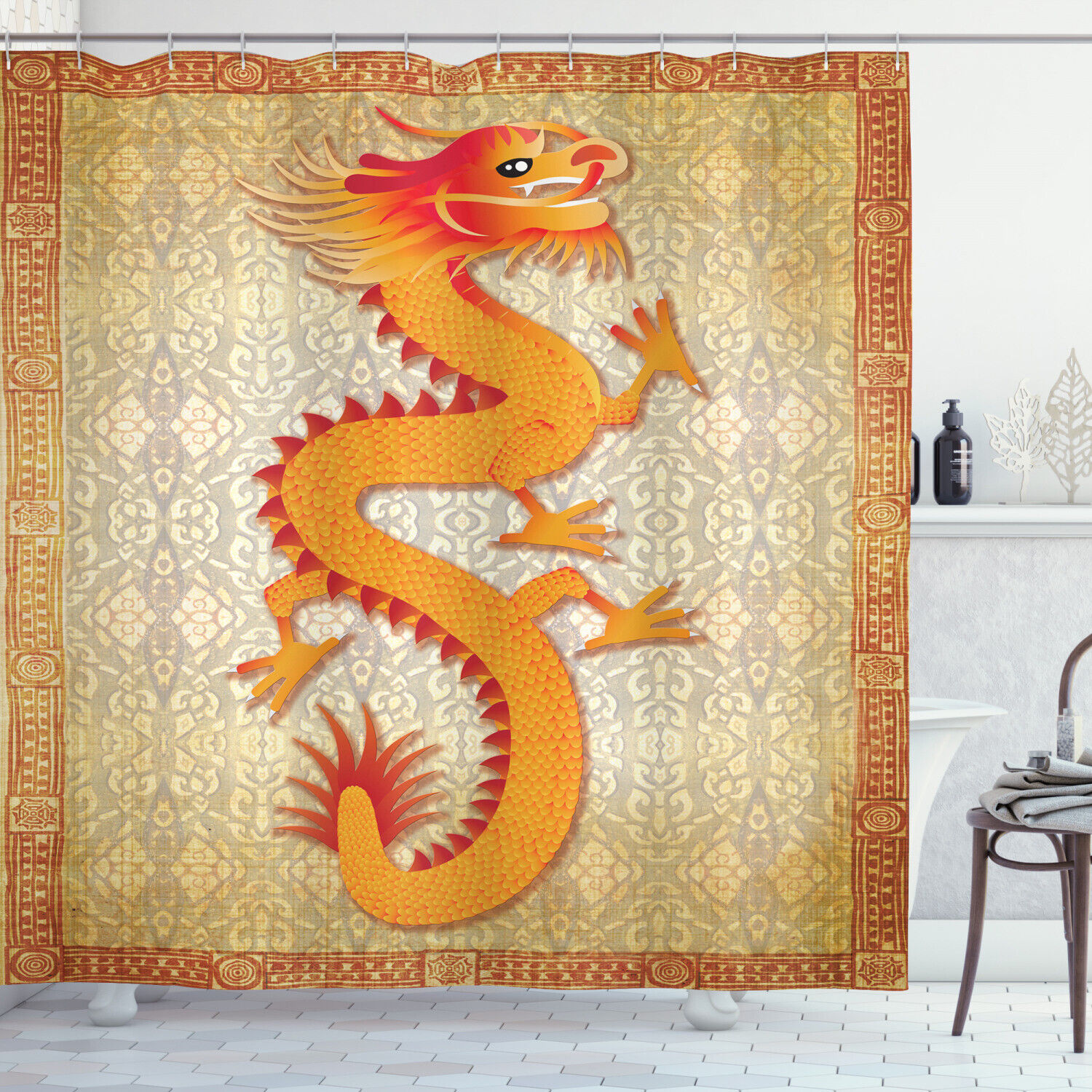 Grunge Floral Ancient Dragon Shower Curtain For A Unique Bathroom