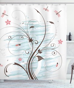 Grunge Flower Buds Dragonfly Shower Curtain For An Edgy Bath Decorr