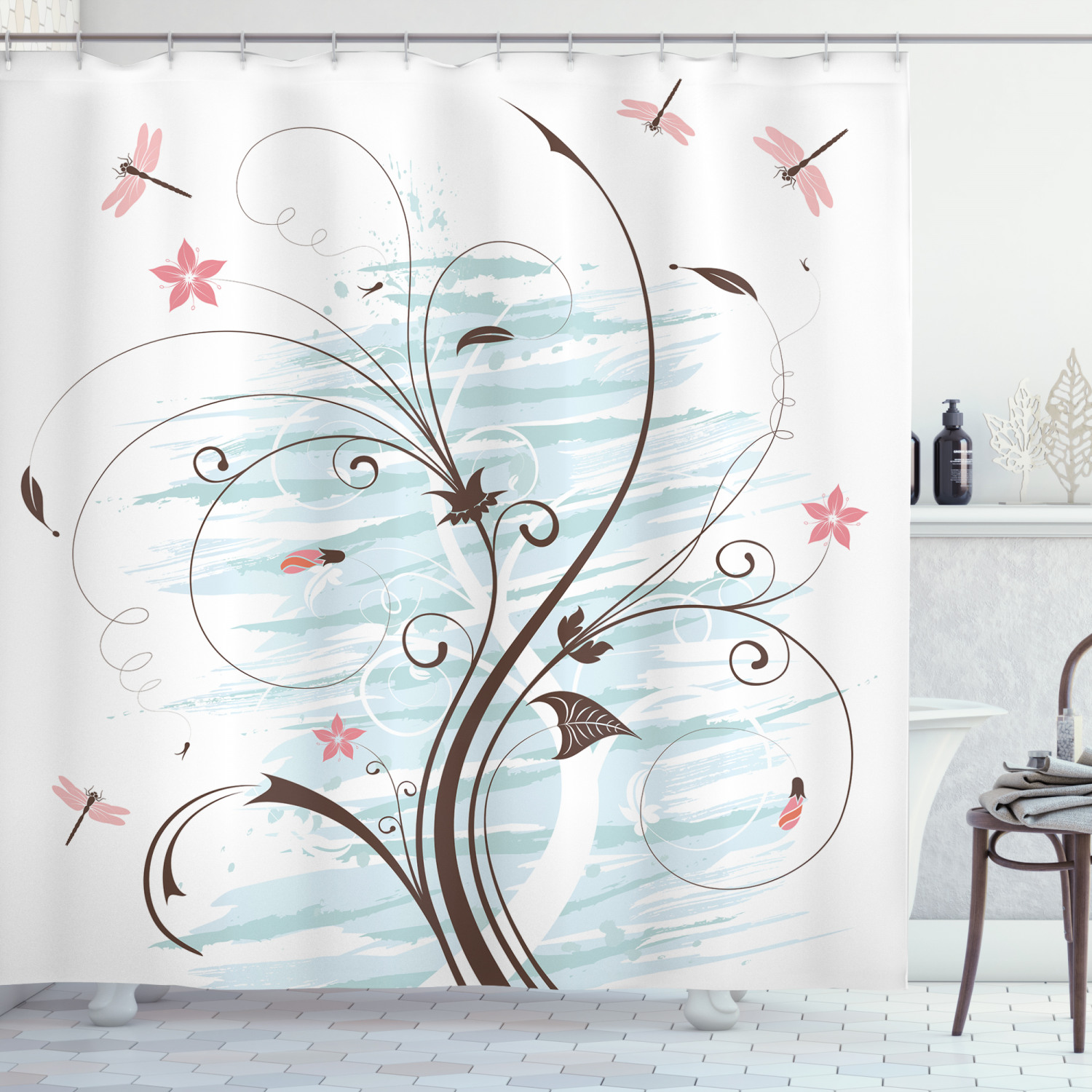 Grunge Flower Buds Dragonfly Shower Curtain For An Edgy Bath Decorr - Image 3