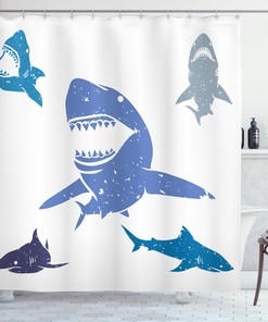 Grunge Sharks Wildlife Print Indigo Shower Curtain for Bathroom Decor by Ikfashoni 
