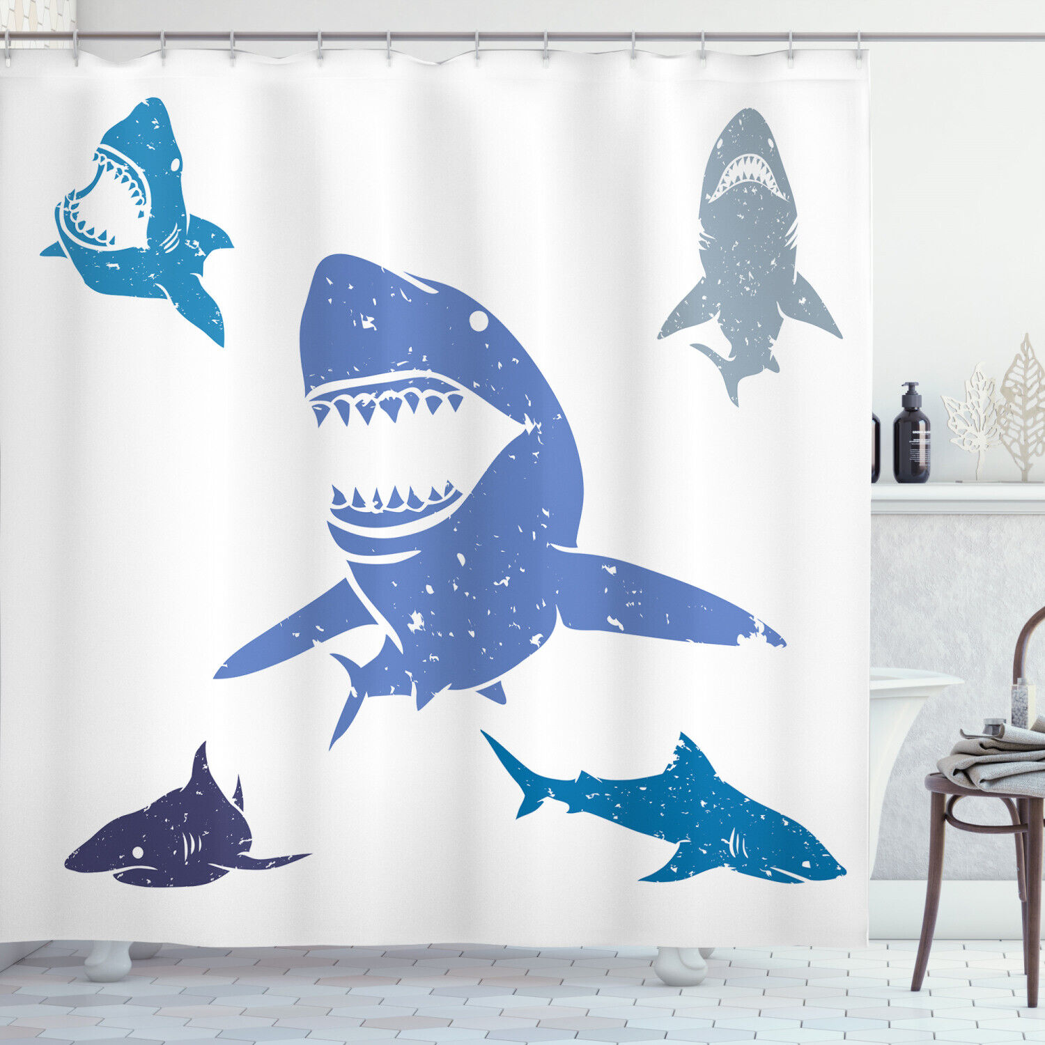 Grunge Sharks Wildlife Print Indigo Shower Curtain for Bathroom Decor by Ikfashoni