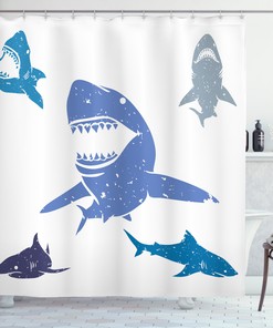 Grunge Sharks Wildlife Print Indigo Shower Curtain for Bathroom Decor by Ikfashoni