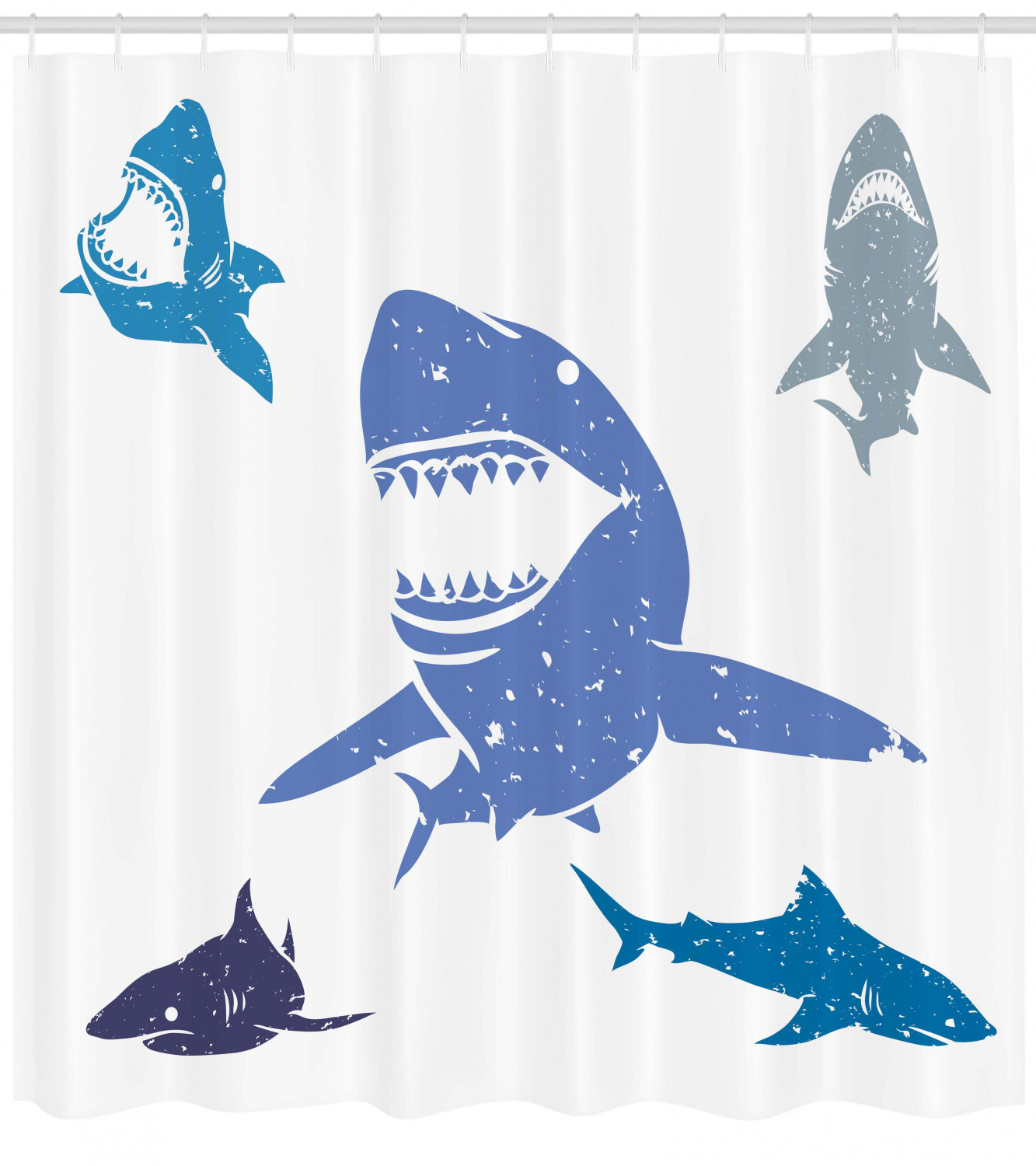 Grunge Sharks Wildlife Print Indigo Shower Curtain for Bathroom Decor by Ikfashoni