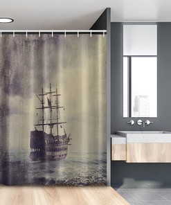 Grunge Style Art Old Pirate Ship Historical Cruise Retro Voyage Nautical Stall Shower Curtain In Plum Tan