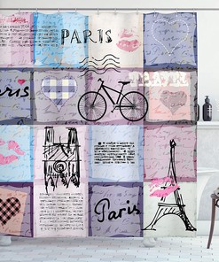 Grunge Textured Paris Shower Curtain, Retro Famous Object Eiffel Tower Print, Cloth Bathroom Decor