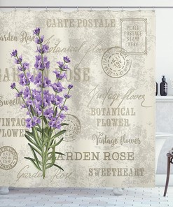 Grunge Vintage Lavender Shower Curtain | Flowers & Display Composition | Cloth Fabric Bathroom Decor (Green Lilac)
