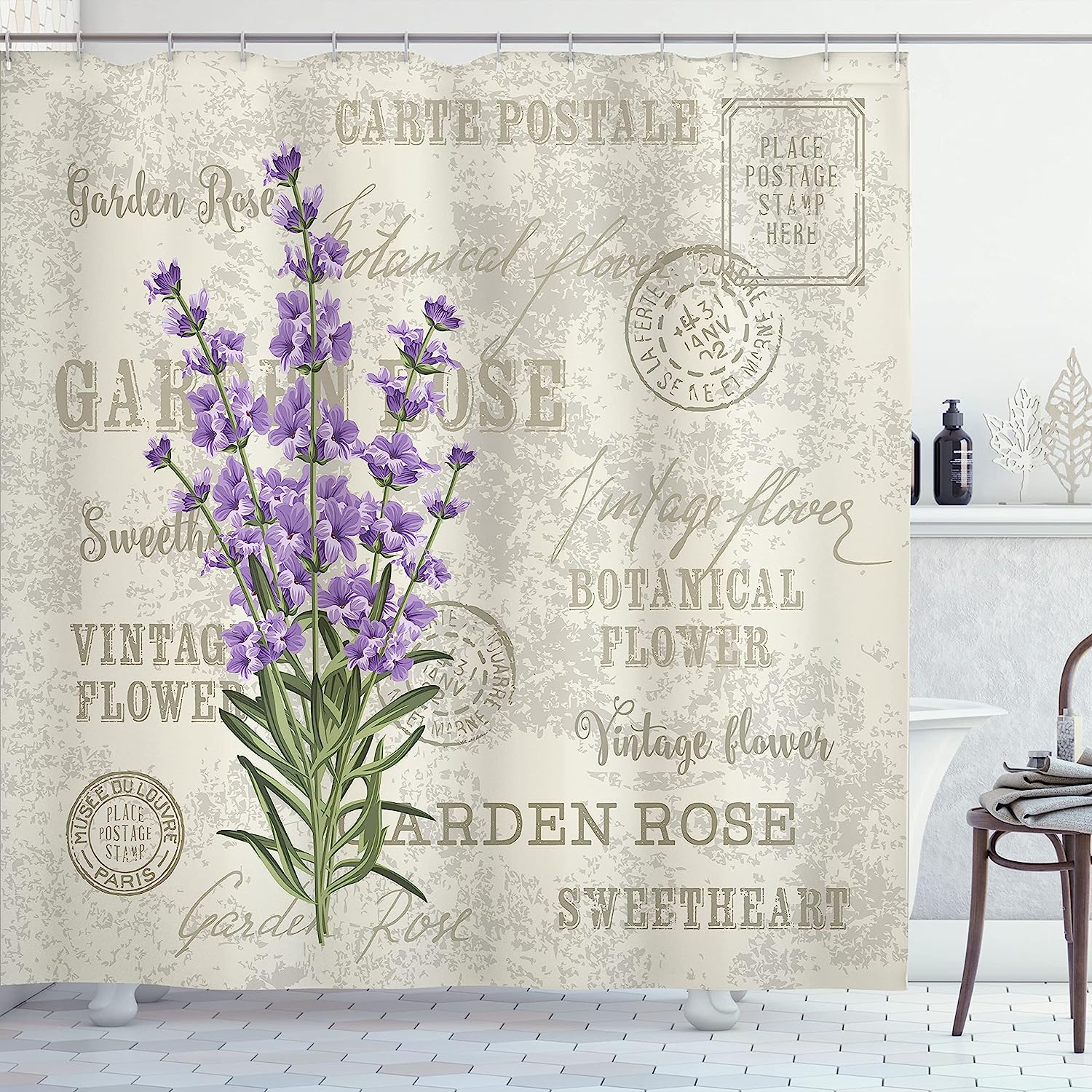 Grunge Vintage Lavender Shower Curtain | Flowers & Display Composition | Cloth Fabric Bathroom Decor (Green Lilac)
