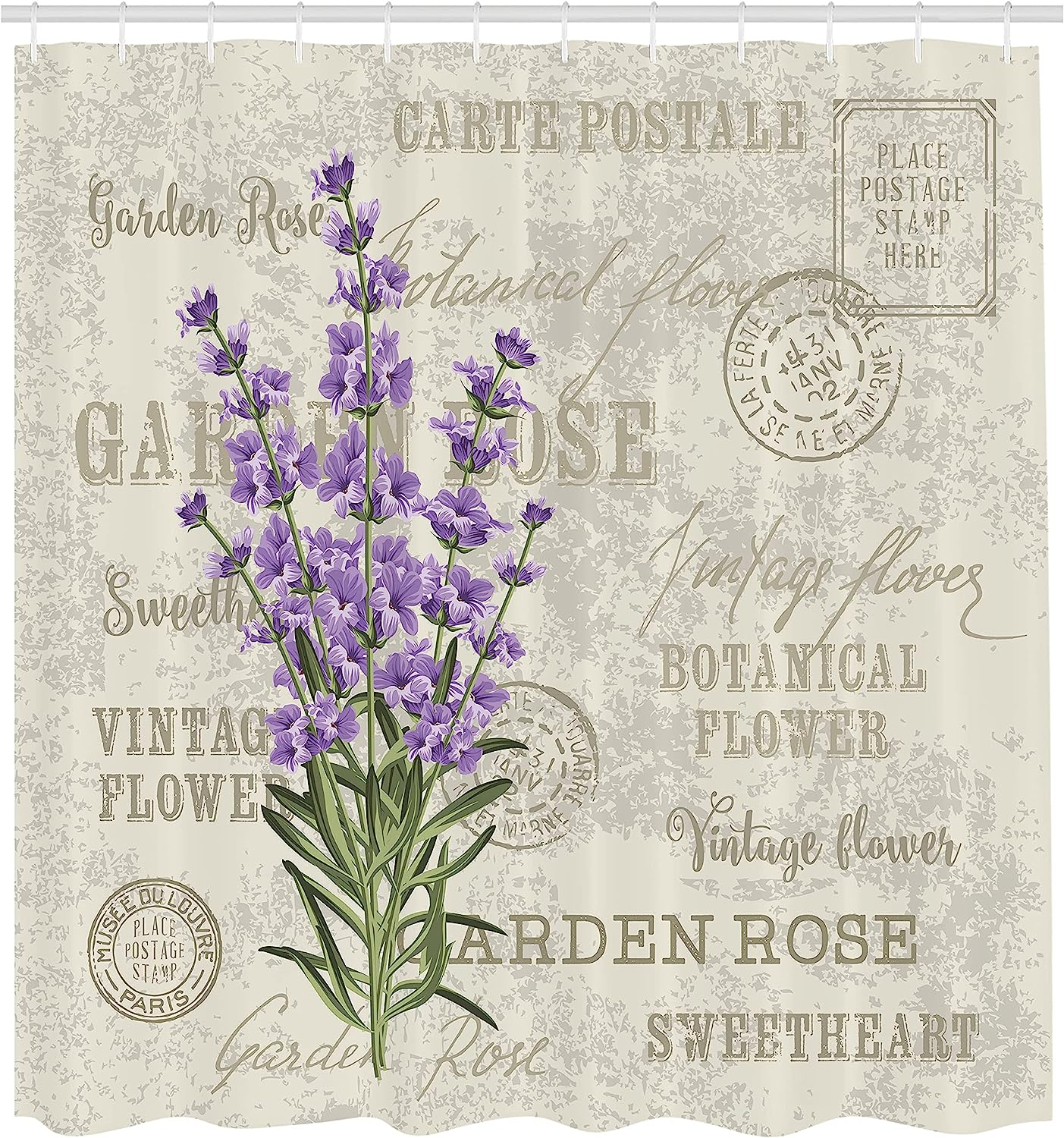 Grunge Vintage Lavender Shower Curtain | Flowers & Display Composition | Cloth Fabric Bathroom Decor (Green Lilac) - Image 2