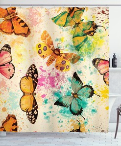 Grungy Butterfly Print Murky Colorful Shower Curtain For Eclectic Bathroom Decor