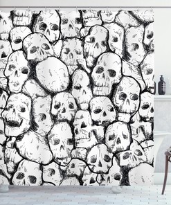 Grungy Skulls Halloween White Shower Curtain, Scary and Fun Print for Bathroom