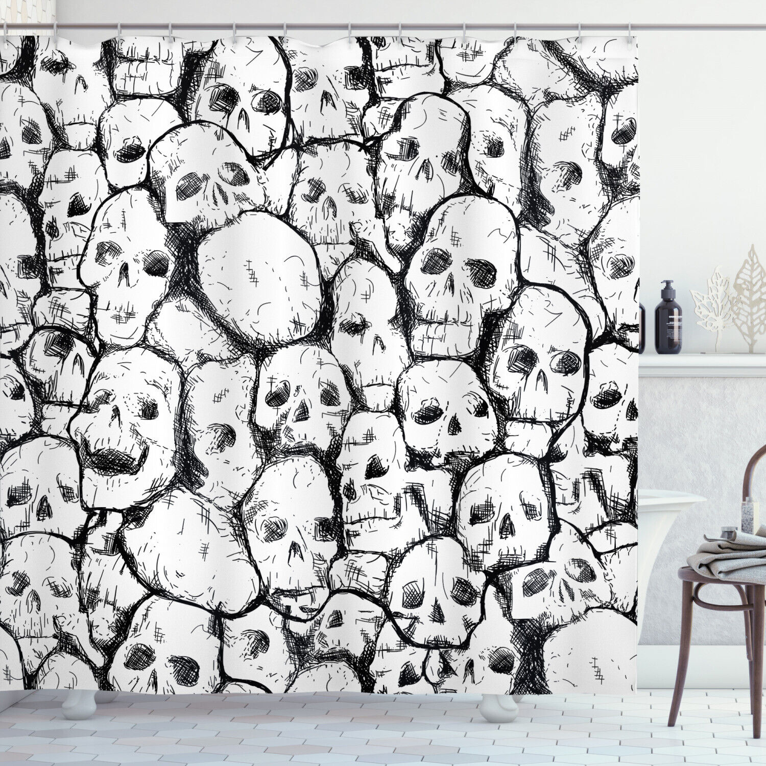 Grungy Skulls Halloween White Shower Curtain, Scary and Fun Print for Bathroom