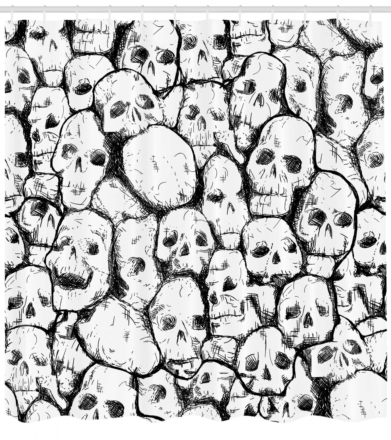 Grungy Skulls Halloween White Shower Curtain, Scary and Fun Print for Bathroom