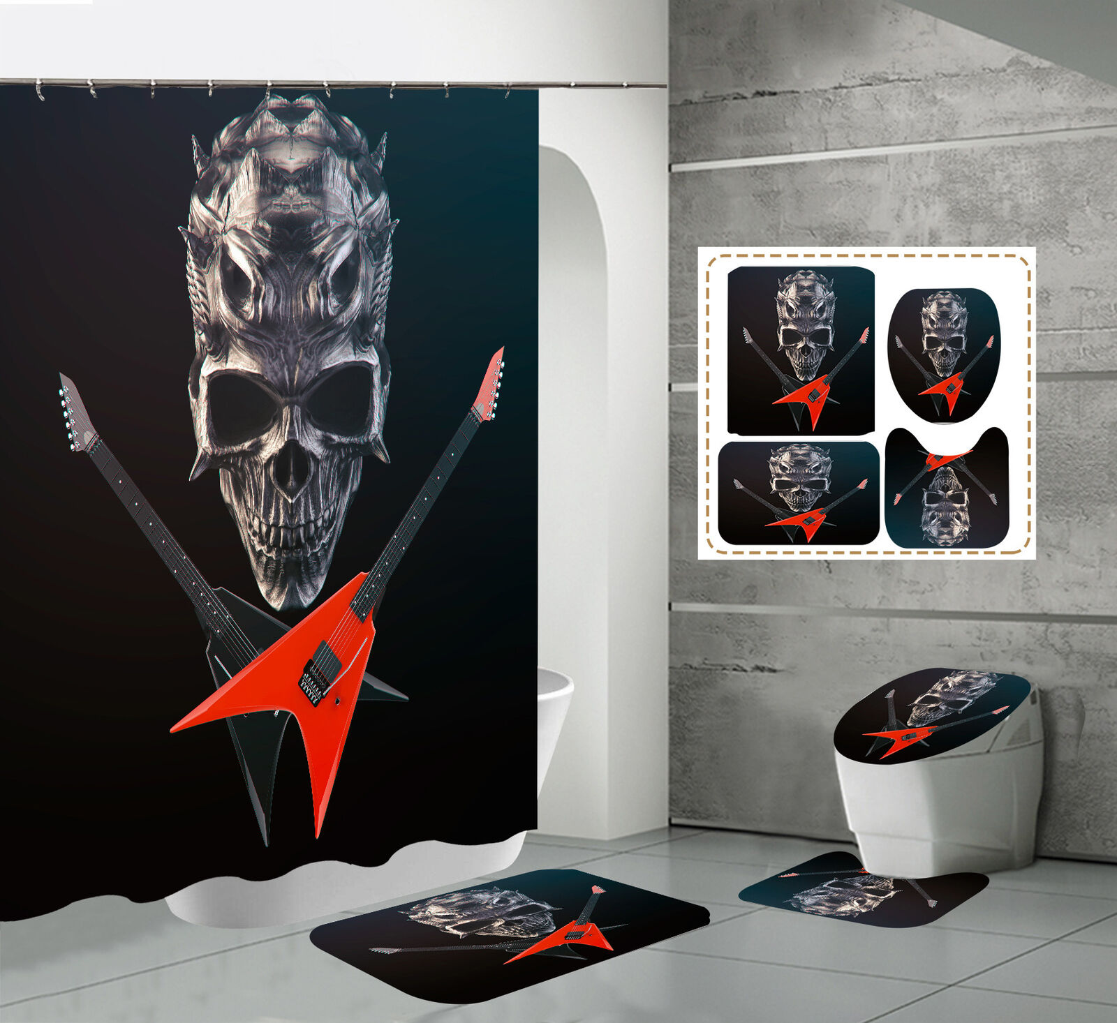 Guitar Skull Music Fabric Shower Curtain - Vintage Music Bathroom Decor