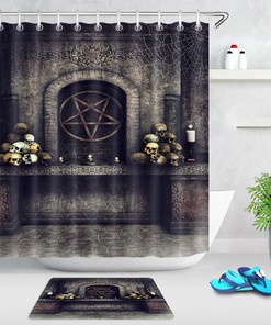 Halloween Altar Shower Curtain with Skulls and Satan for a Dark and Mysterious Atmosphere