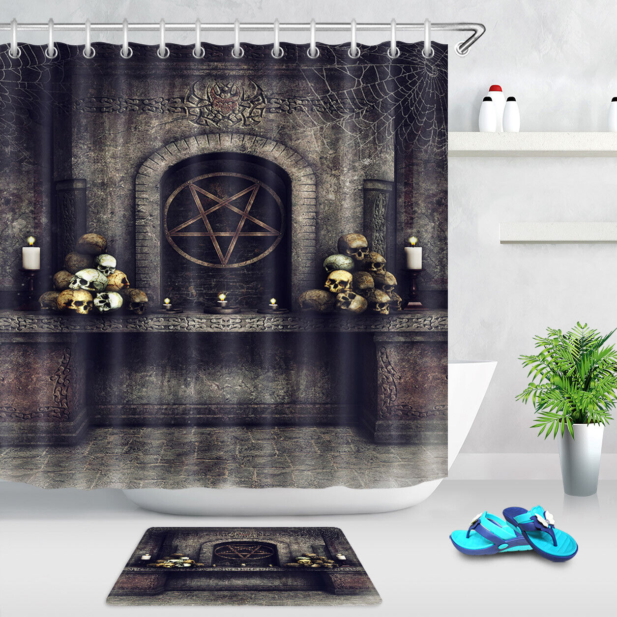 Halloween Altar Shower Curtain with Skulls and Satan for a Dark and Mysterious Atmosphere