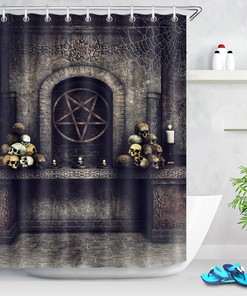Halloween Altar Shower Curtain with Skulls and Satan for a Dark and Mysterious Atmosphere