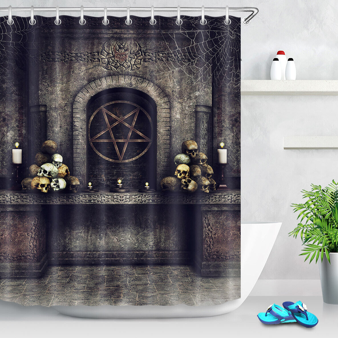 Halloween Altar Shower Curtain with Skulls and Satan for a Dark and Mysterious Atmosphere