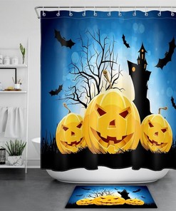 Halloween Bat Flock Abstract Pumpkin Shower Curtain - Waterproof Fabric Bathroom Decoration