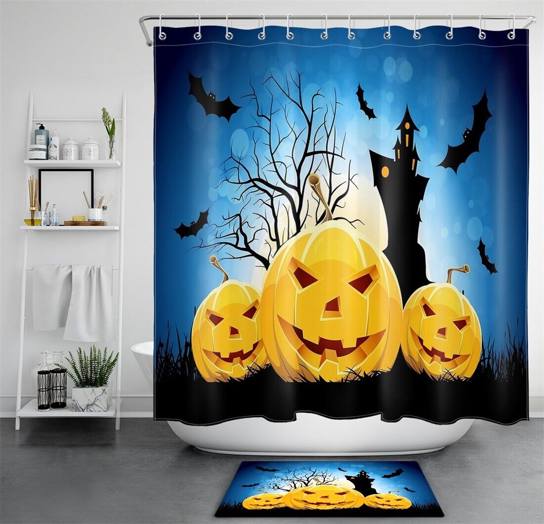 Halloween Bat Flock Abstract Pumpkin Shower Curtain - Waterproof Fabric Bathroom Decoration