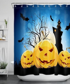 Halloween Bat Flock Abstract Pumpkin Shower Curtain - Waterproof Fabric Bathroom Decoration