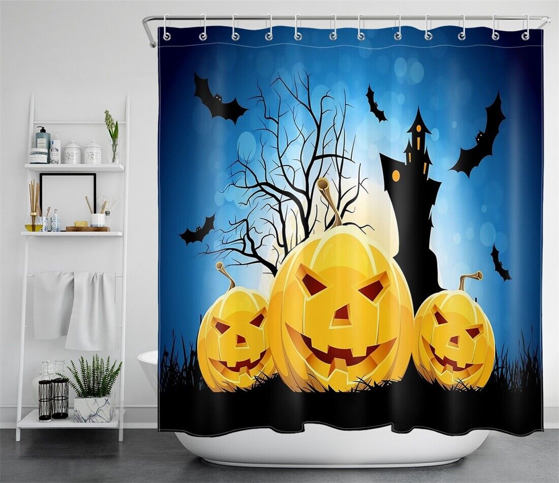 Halloween Bat Flock Abstract Pumpkin Shower Curtain - Waterproof Fabric Bathroom Decoration