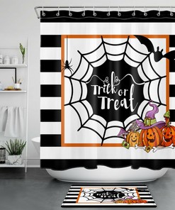 Halloween Bat Shower Curtain - Stripes Cobweb Pumpkin Bathroom Accessory