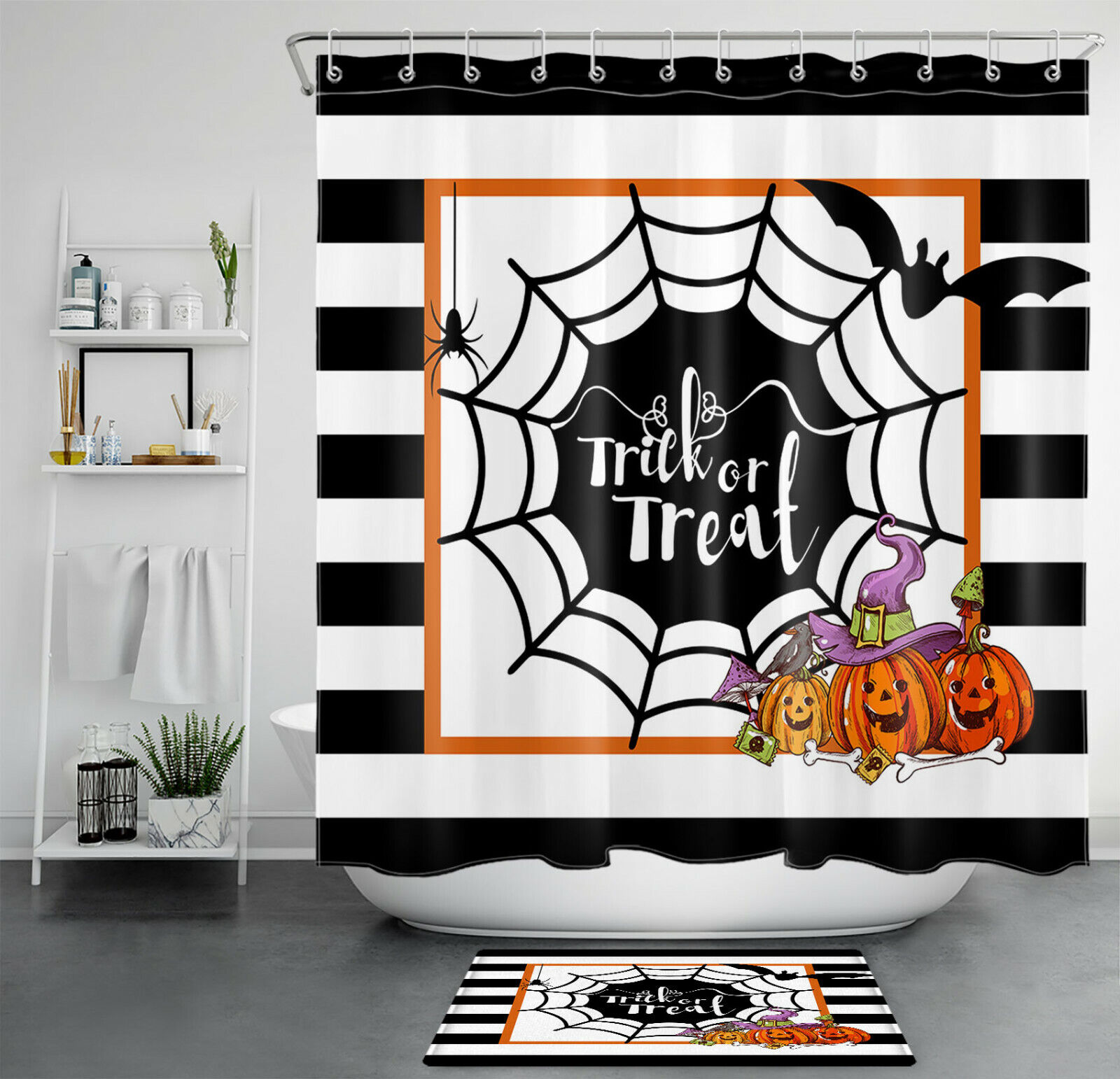Halloween Bat Shower Curtain - Stripes Cobweb Pumpkin Bathroom Accessory