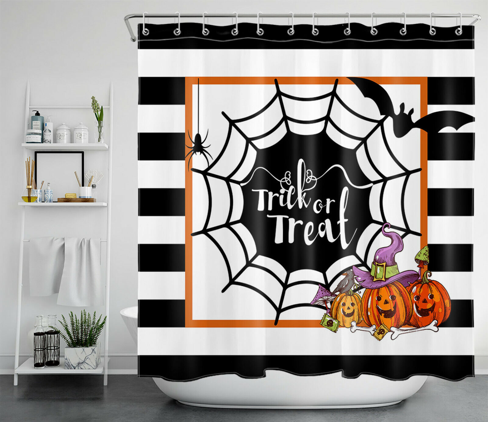 Halloween Bat Shower Curtain - Stripes Cobweb Pumpkin Bathroom Accessory - Image 2