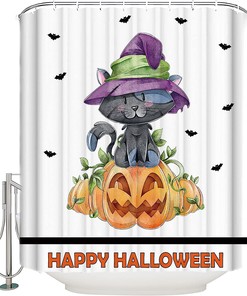 Halloween Bats Shower Curtain | Black Cat Owl Pumpkins Bathroom Decor