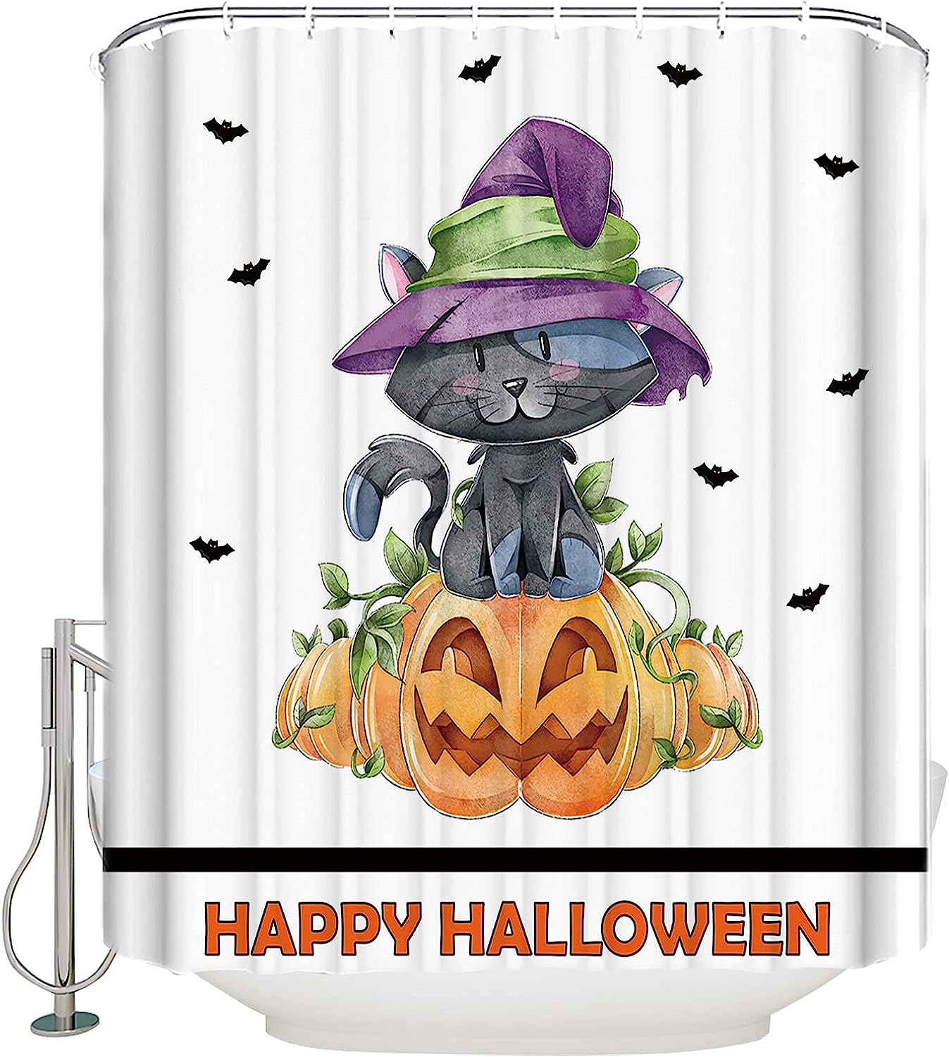 Halloween Bats Shower Curtain | Black Cat Owl Pumpkins Bathroom Decor