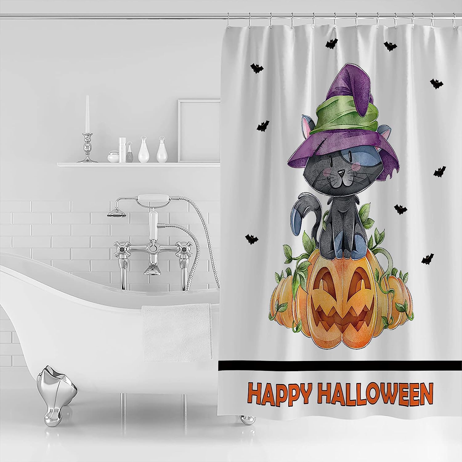 Halloween Bats Shower Curtain | Black Cat Owl Pumpkins Bathroom Decor - Image 2