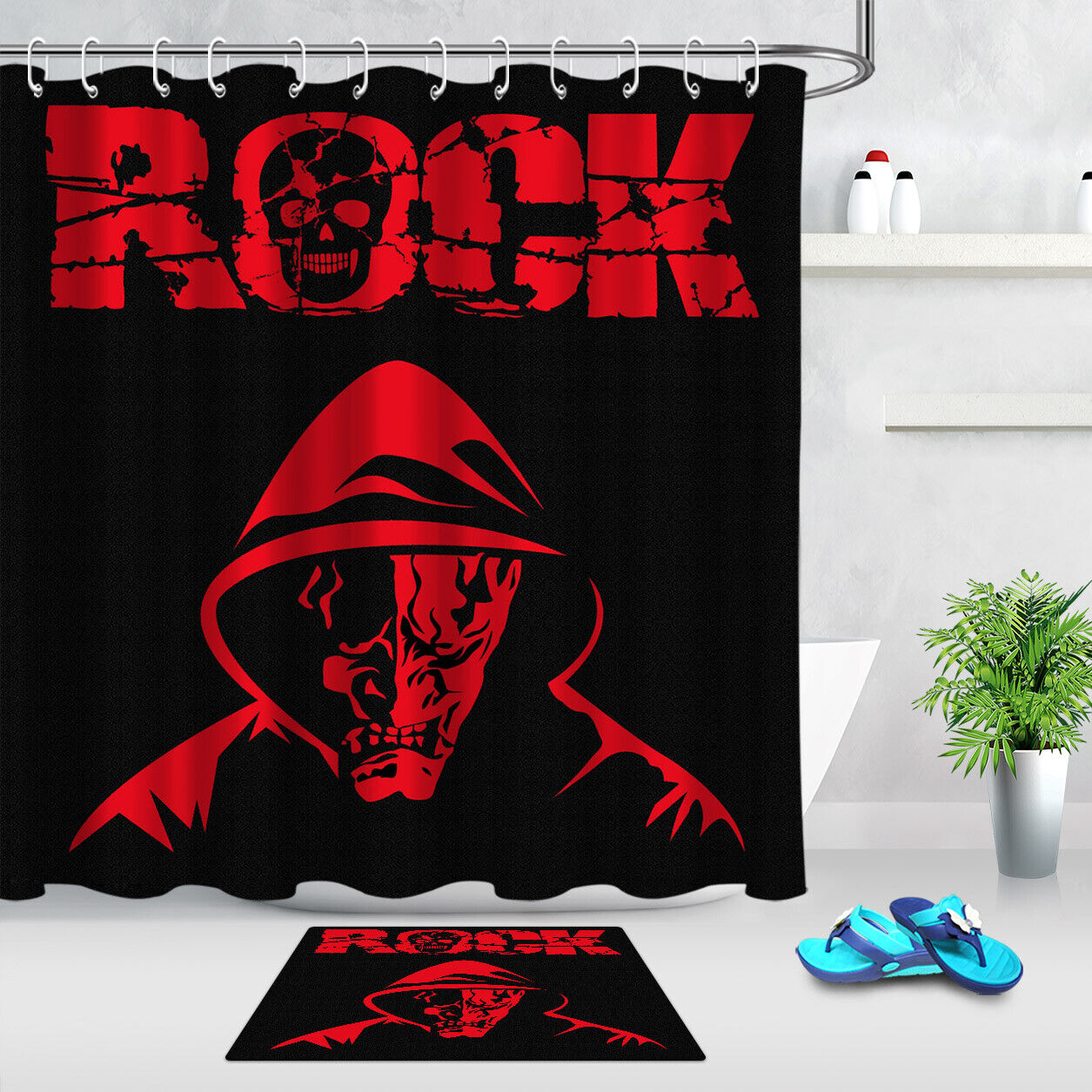 Halloween Black And Red Skull Design Rock Shower Curtain - Unique Bathroom Decor