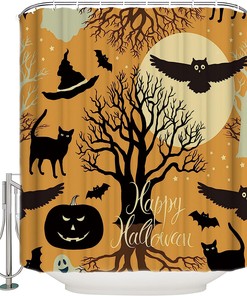 Halloween Black Cat Shower Curtain | Pumpkin Bats Owl Bathroom Decor