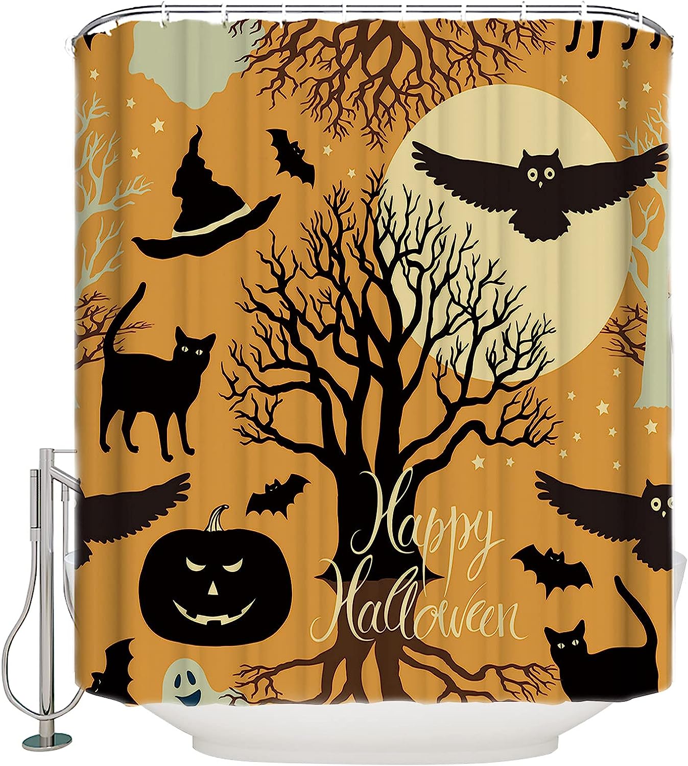 Halloween Black Cat Shower Curtain | Pumpkin Bats Owl Bathroom Decor