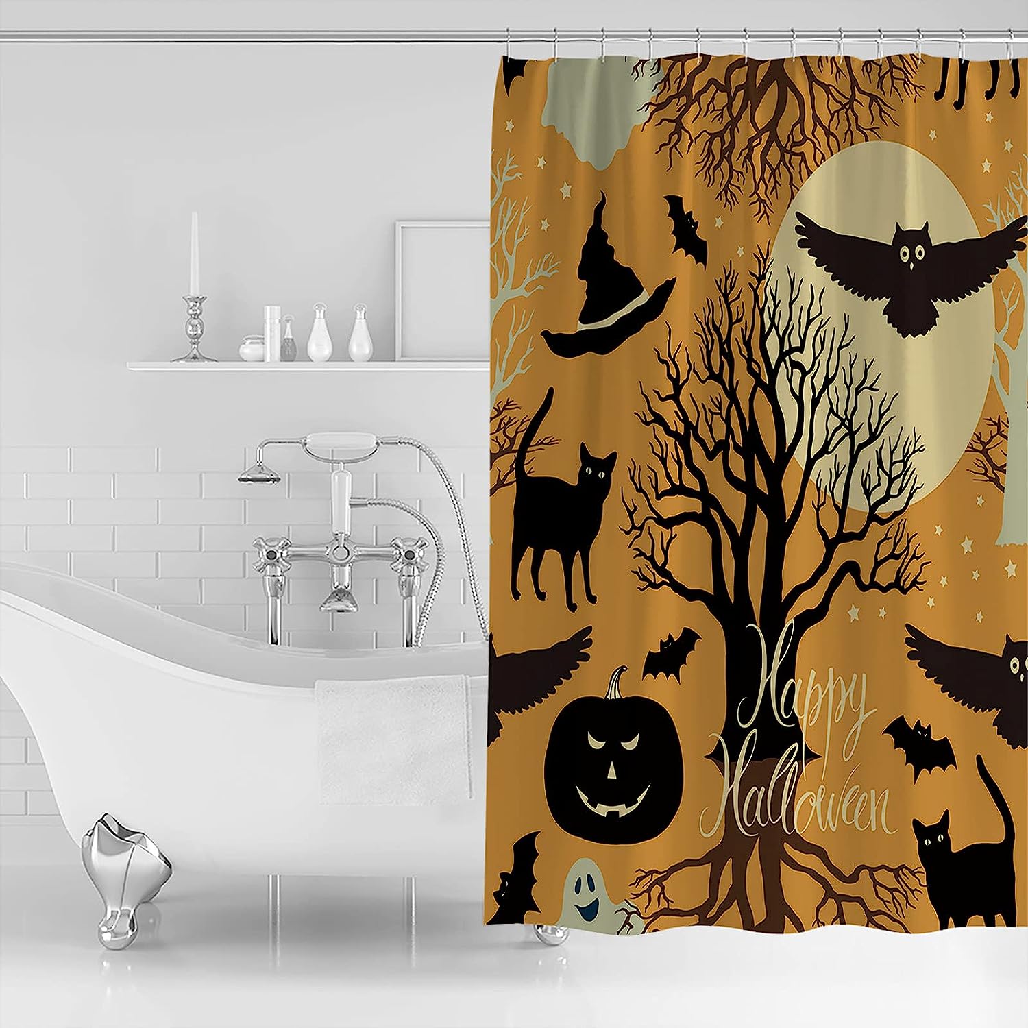Halloween Black Cat Shower Curtain | Pumpkin Bats Owl Bathroom Decor - Image 2