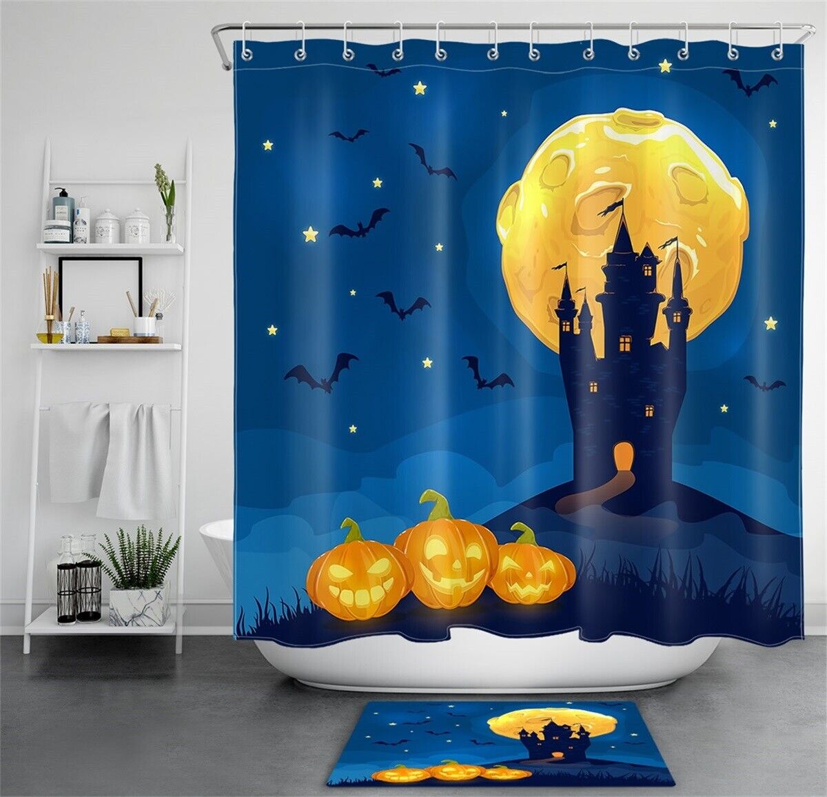 Halloween Castle Moon Night Pumpkins Waterproof Fabric Shower Curtain for a Spooky Bathroom