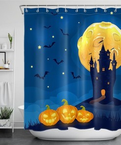 Halloween Castle Moon Night Pumpkins Waterproof Fabric Shower Curtain for a Spooky Bathroom