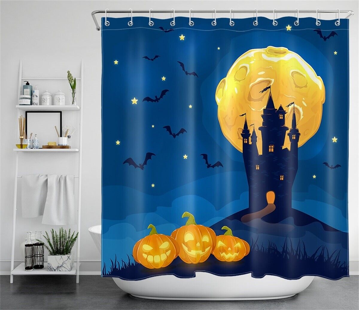 Halloween Castle Moon Night Pumpkins Waterproof Fabric Shower Curtain for a Spooky Bathroom