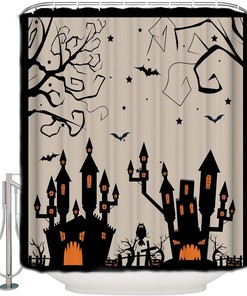 Halloween Castle Shower Curtain | Owl Branch Bat Bathroom Decor