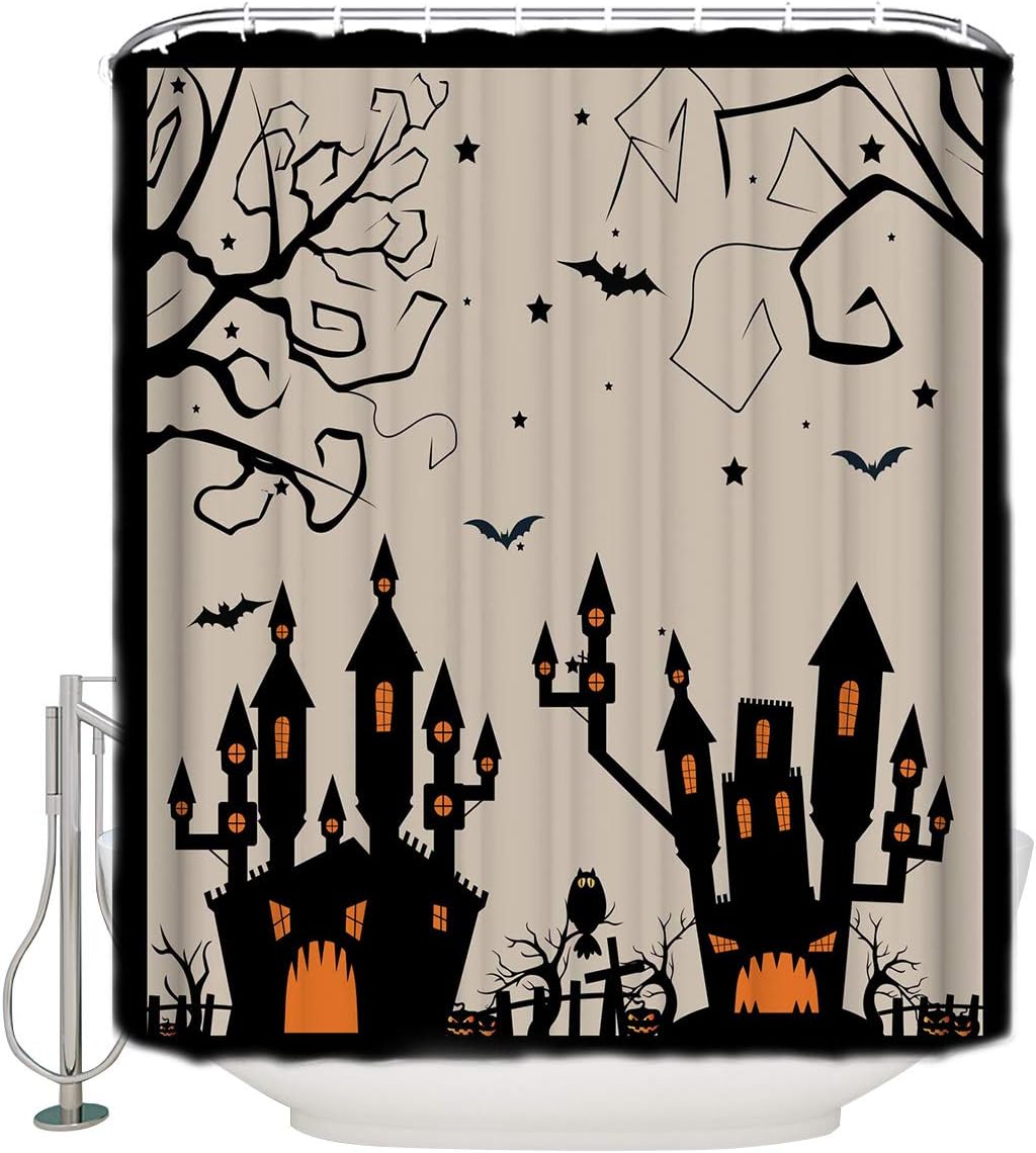 Halloween Castle Shower Curtain | Owl Branch Bat Bathroom Decor