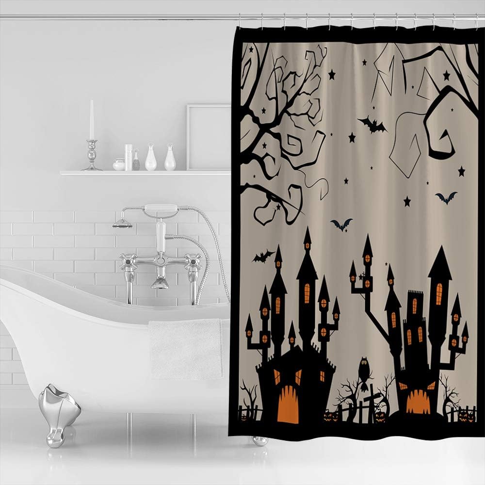 Halloween Castle Shower Curtain | Owl Branch Bat Bathroom Decor - Image 2