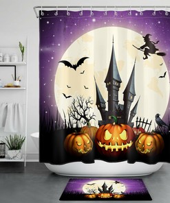 Halloween Castle Shower Curtain with Witch, Moon, and Pumpkin Print 